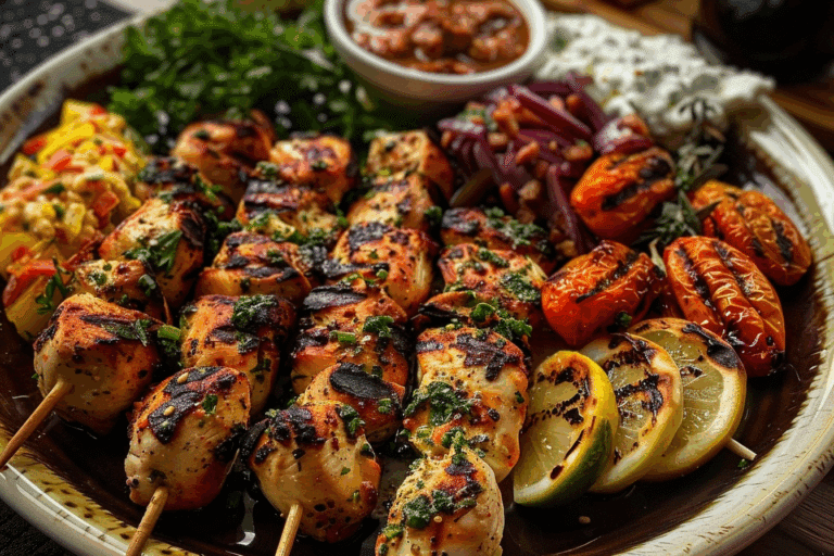 Mediterranean Chicken Skewers with Mezze Platter
