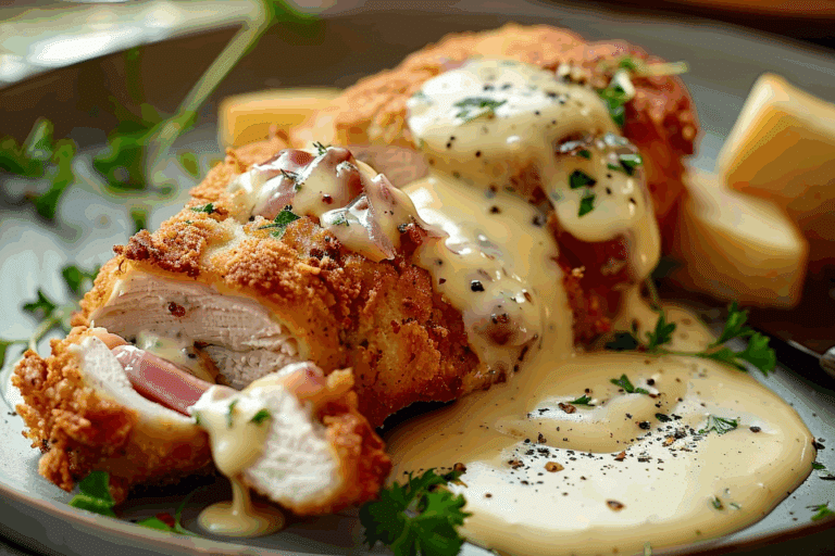Chicken Cordon Bleu with Swiss Cheese Sauce
