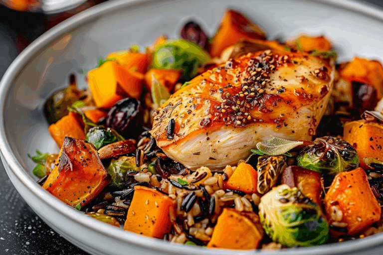 Chicken, Sweet Potato, and Brussels Sprouts Wild Rice Bake