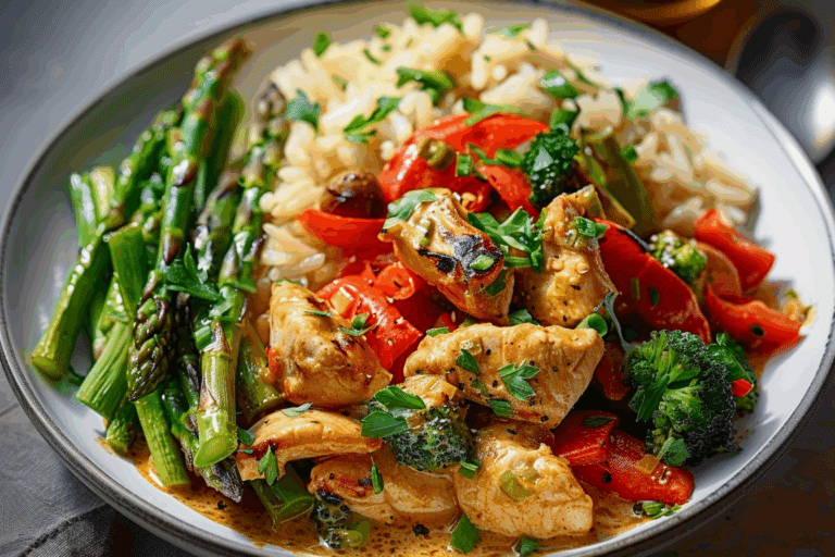 Creamy Chicken & Veggie Rice Bowl with Garlic Asparagus