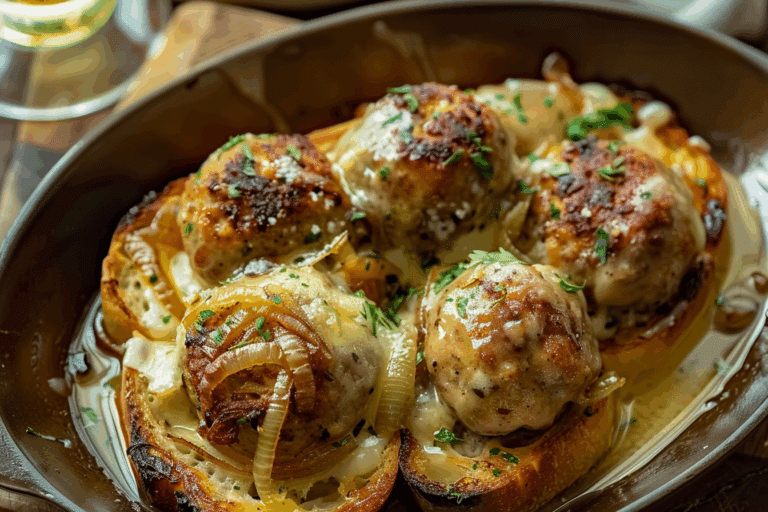 French Onion Chicken Meatballs with Gruyère Toast