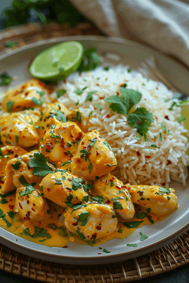 Golden Coconut-Lime Chicken in Creamy Sauce with Steamed Jasmine Rice
