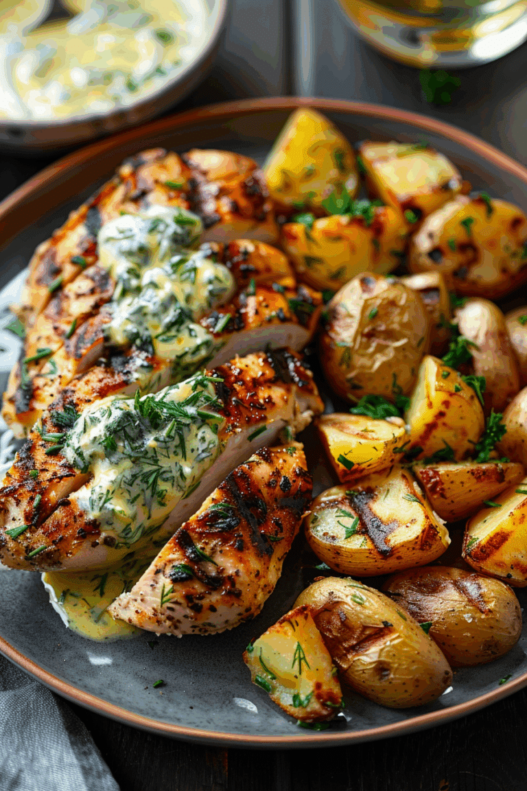 Grilled Chicken with Creamy Dill Sauce, Cheesy Potatoes, and Zucchini