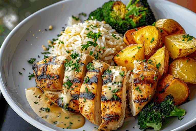 Grilled Chicken with Creamy Sauce, Rice, Roasted Potatoes & Broccoli
