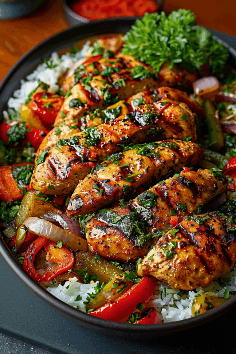 Grilled Chicken with Peppers, Onions & Herbed Rice