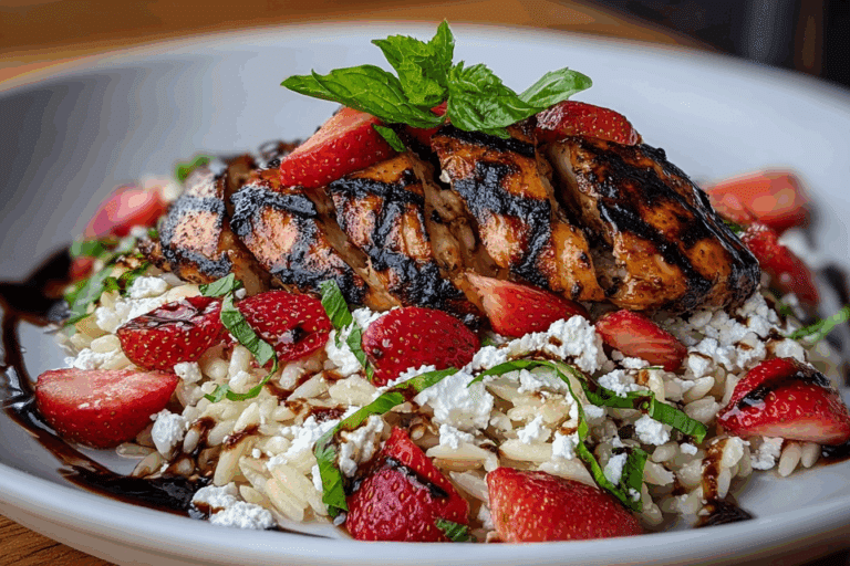 "Grilled Chicken with Strawberry Balsamic Glaze & Ricotta Salata Orzo Salad "