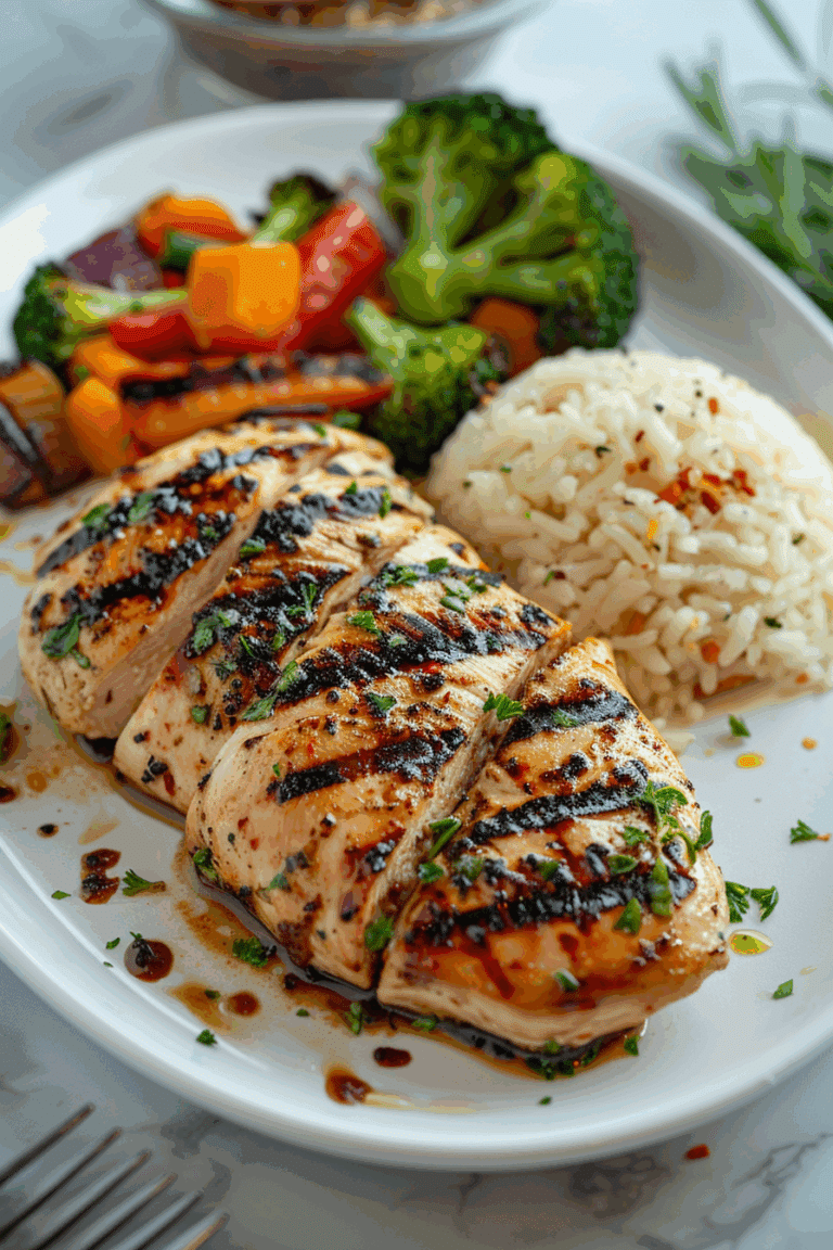 "Healthy Grilled Chicken with Garlic Rice & Sautéed Veggies "