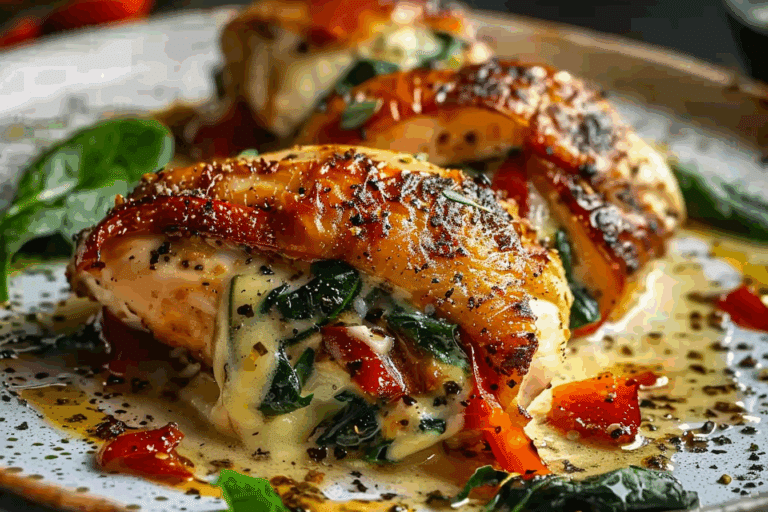 Roasted Red Pepper, Spinach, and Mozzarella Stuffed Chicken