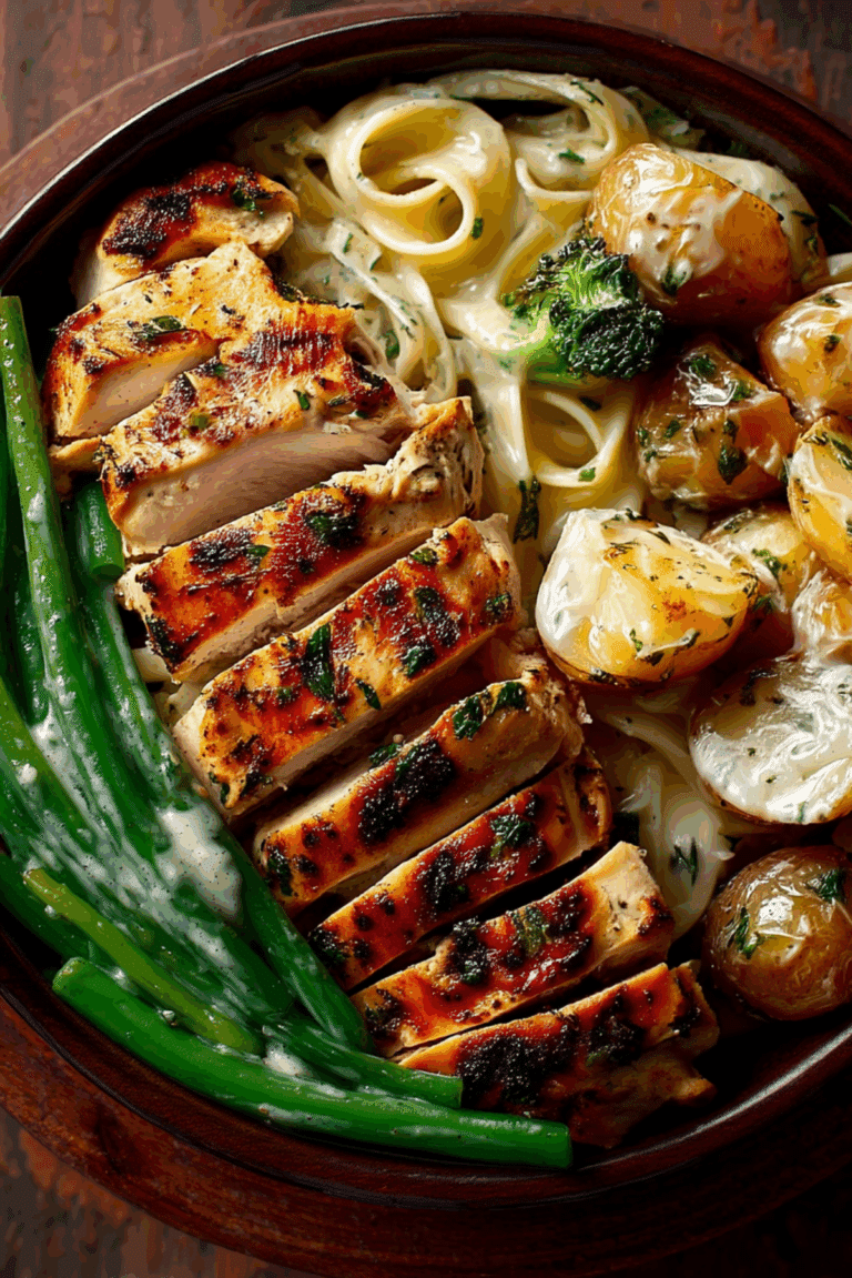 Grilled Chicken with Creamy Tagliatelle, Herb Potatoes & Greens