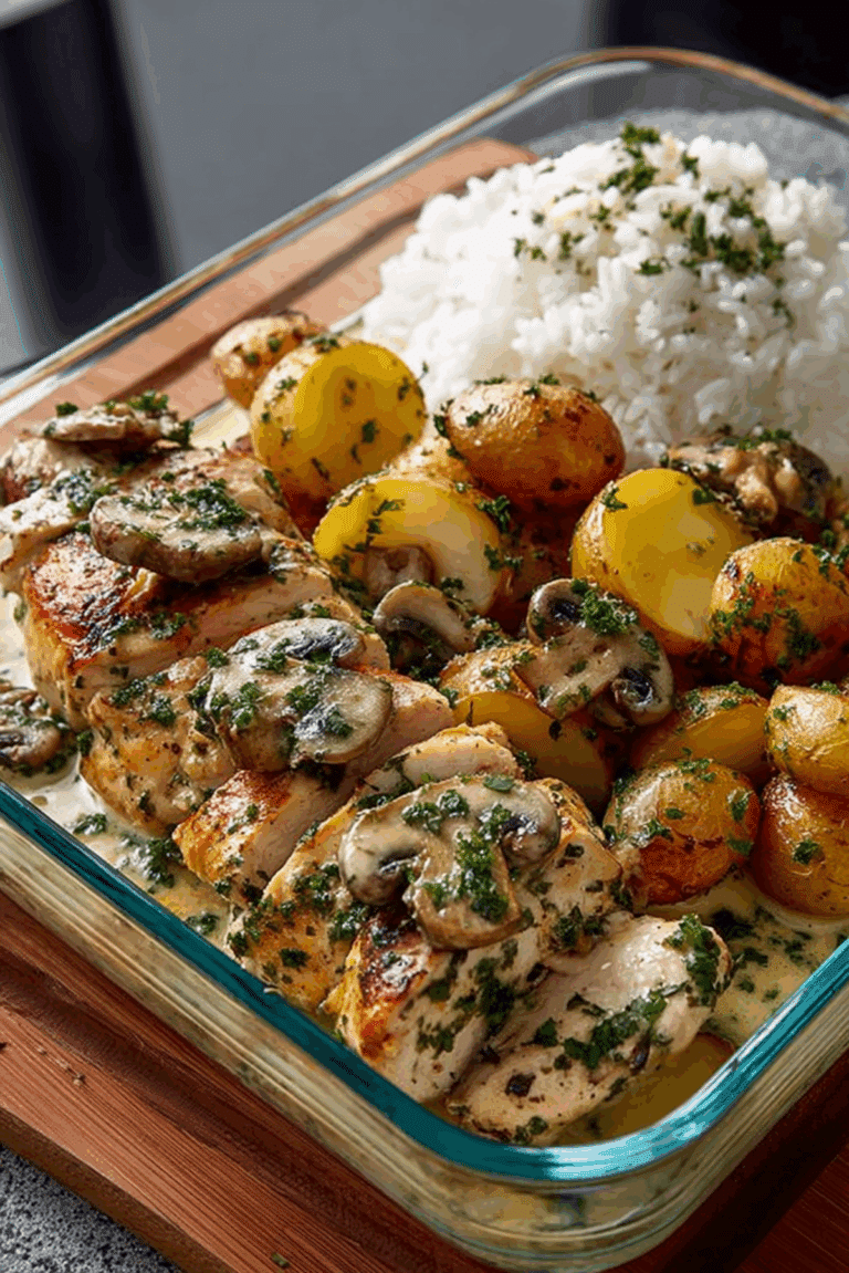 Creamy Herb Chicken with Rice, Potatoes & Garlic Mushrooms
