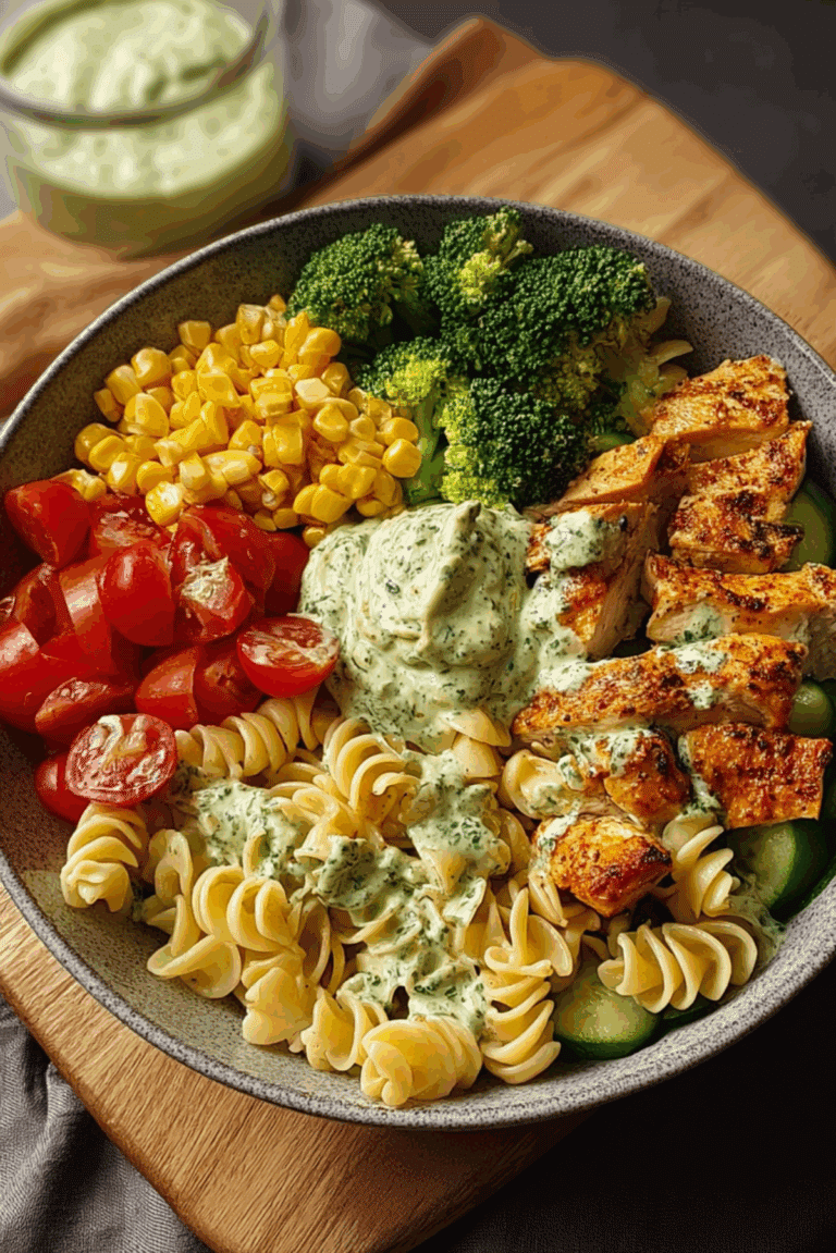 Creamy Chicken Pasta Bowl with Avocado, Veggies & Herb Sauce