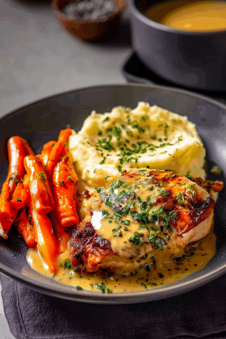 Seared Chicken with Herb Cream Sauce, Mashed Potatoes & Carrots