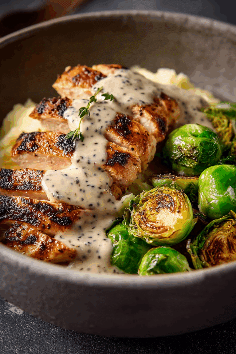 Seared Chicken with Creamy Pepper Sauce, Crispy Brussels & Whipped Potatoes