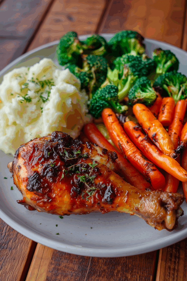 Glazed BBQ Chicken Drumstick Dinner with Mash, Carrots & Roasted Broccoli