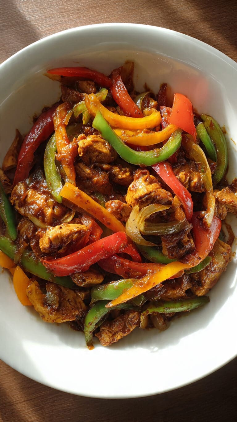 Slow-Cooked Smoky Chicken Fajitas with Tri-Color Peppers & Caramelized Onions