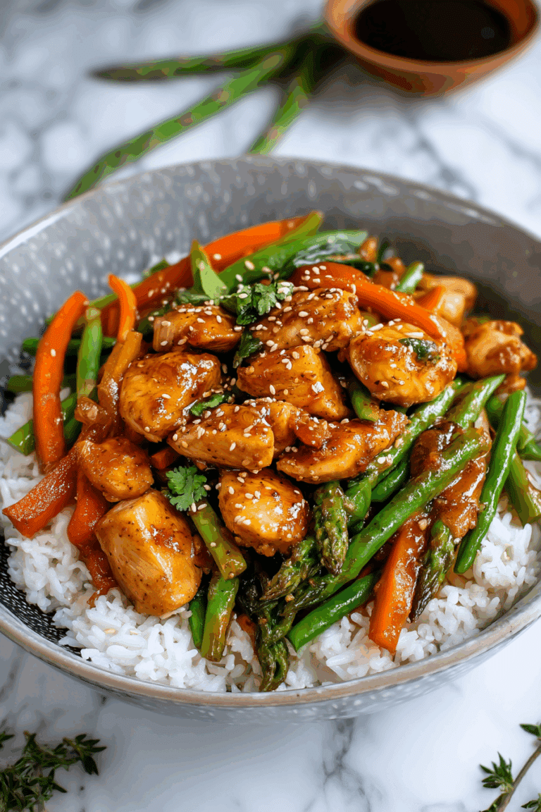 Spiced Chicken Stir-Fry Bowl with Curry-Infused Veggies and Tamarind Glaze