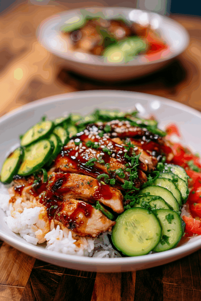 Spicy Korean BBQ Chicken Bowl with a Marinated Cucumber Salad