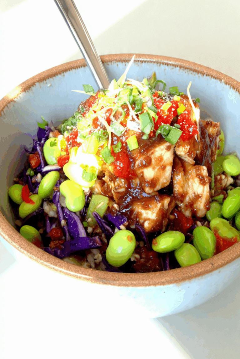 Thai inspired chicken edamame crunch salad with a healthy peanut sauce