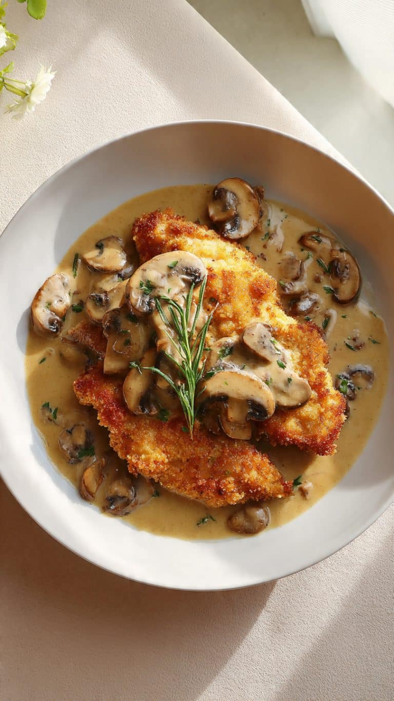 GOLDEN CRISPY CHICKEN WITH PARMESAN MUSHROOM SAUCE