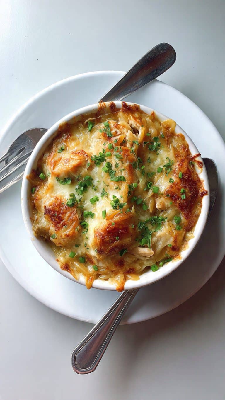 French Onion Chicken Orzo Casserole
