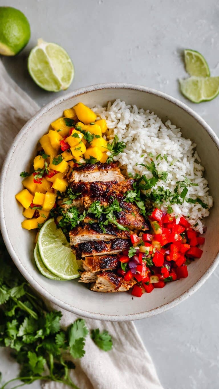 Jerk Chicken Bowls with Mango Salsa and Coconut Rice