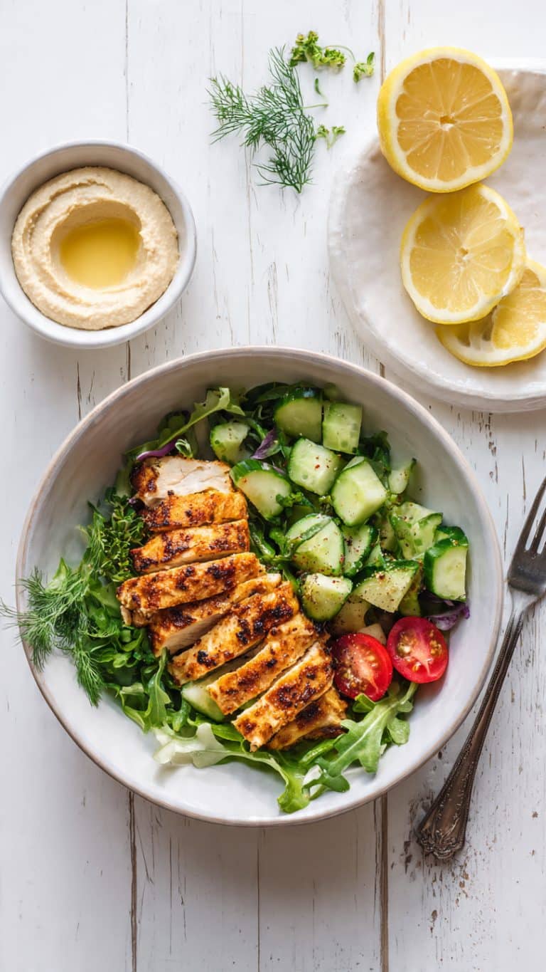 Lemon Chilli Grilled Chicken Bowls with Fresh Cucumber Salad and Hummus
