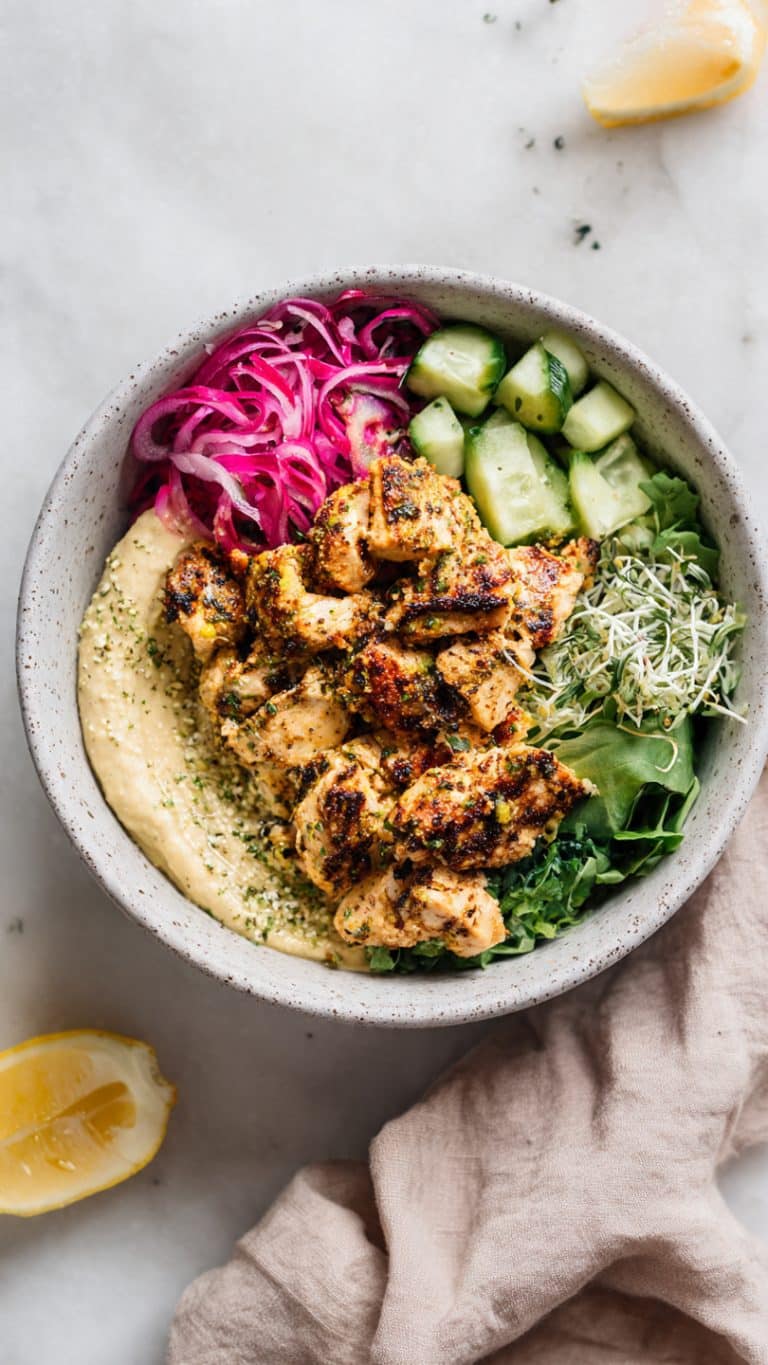 Lemon herb hummus chicken bowls
